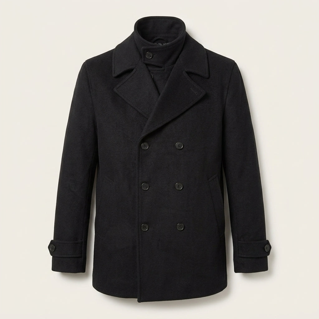 Men’s Black Navy Wool Peacoat – Classic Double-Breasted Winter Coat