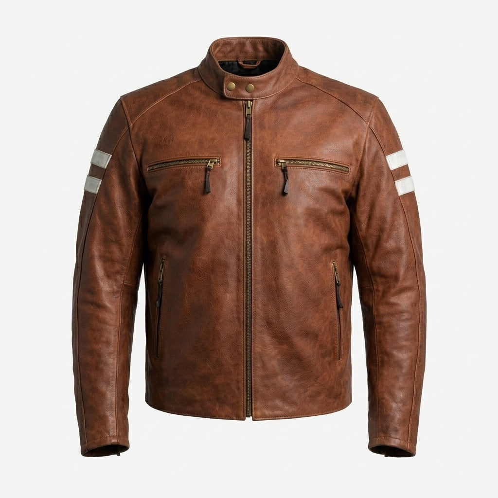 Men’s Red Leather Motorcycle Biker Jacket – Slim Fit Moto Style