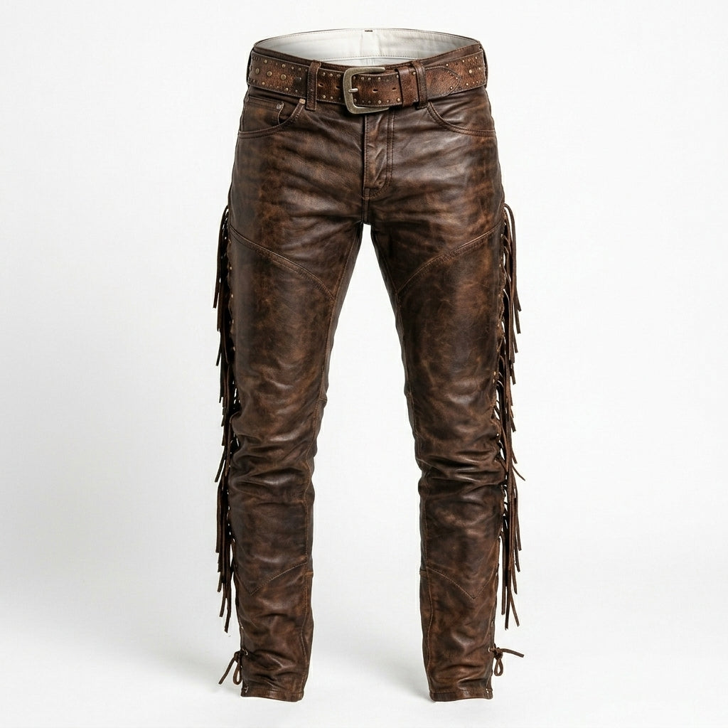 Men’s Brown Leather Fringe Cowboy Pants